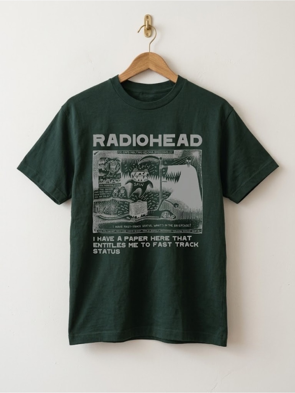 90s Radiohead Band OK Computer Album Graphic Tee - Forest Green